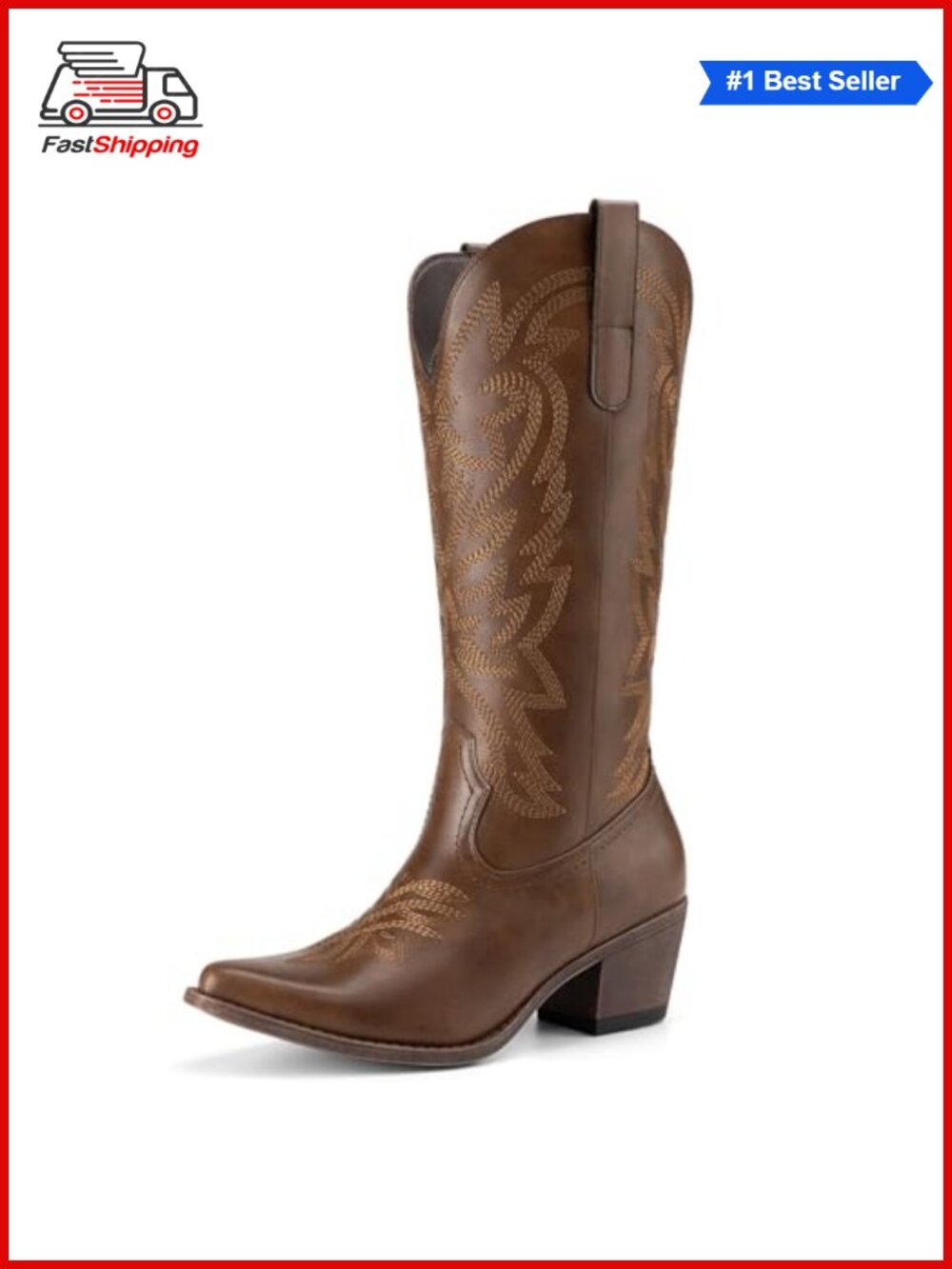 ✨ Athlefit Western Mid Calf Boots Snip Toe Block Heel Faux Leather